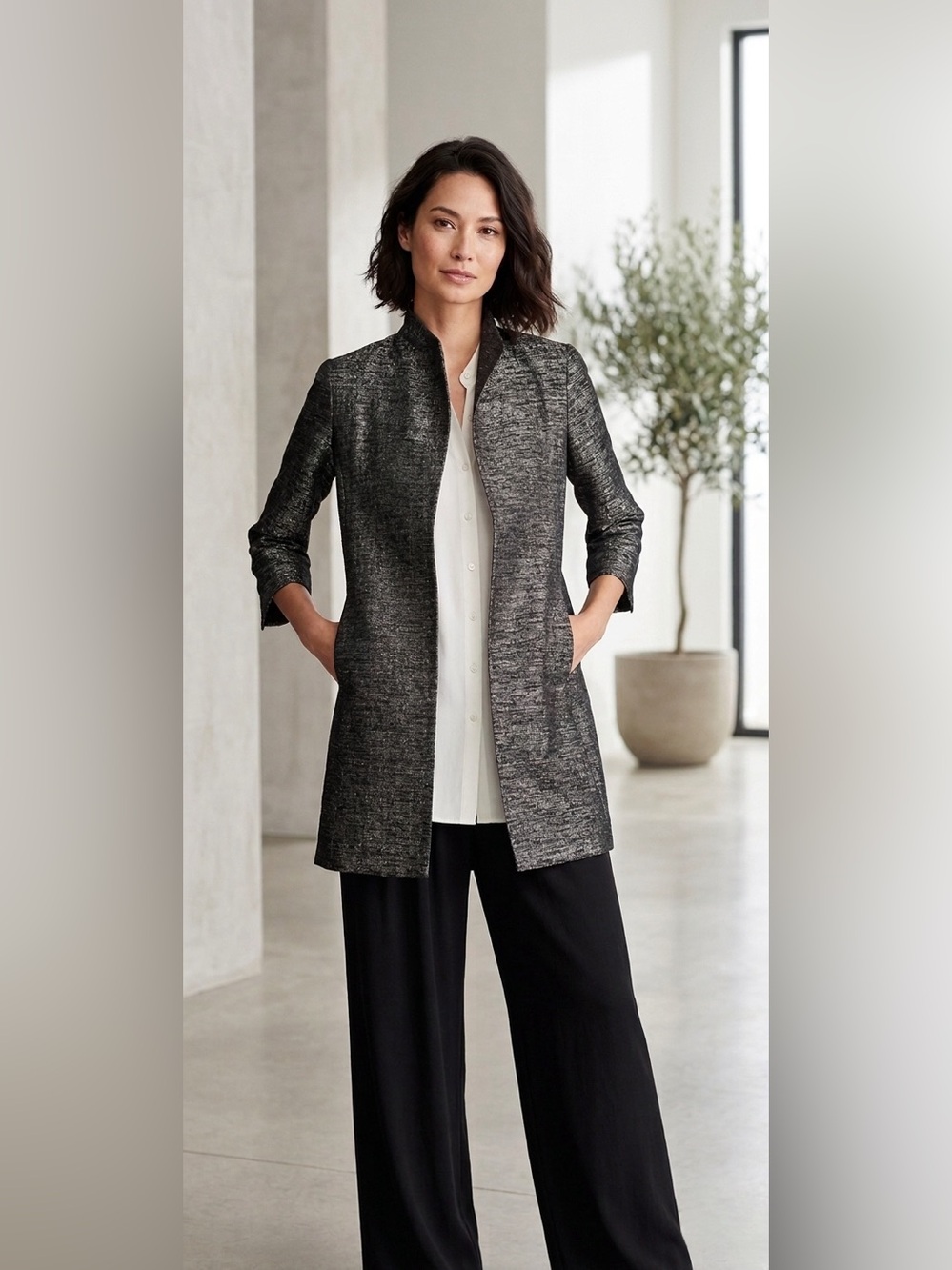 Eileen Fisher Black Jacquard Open Blazer Size XS